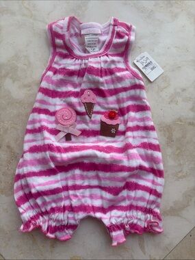CachCach Pink & White Stripe Baby Romper with Sweets Appliqués New Size 9 months